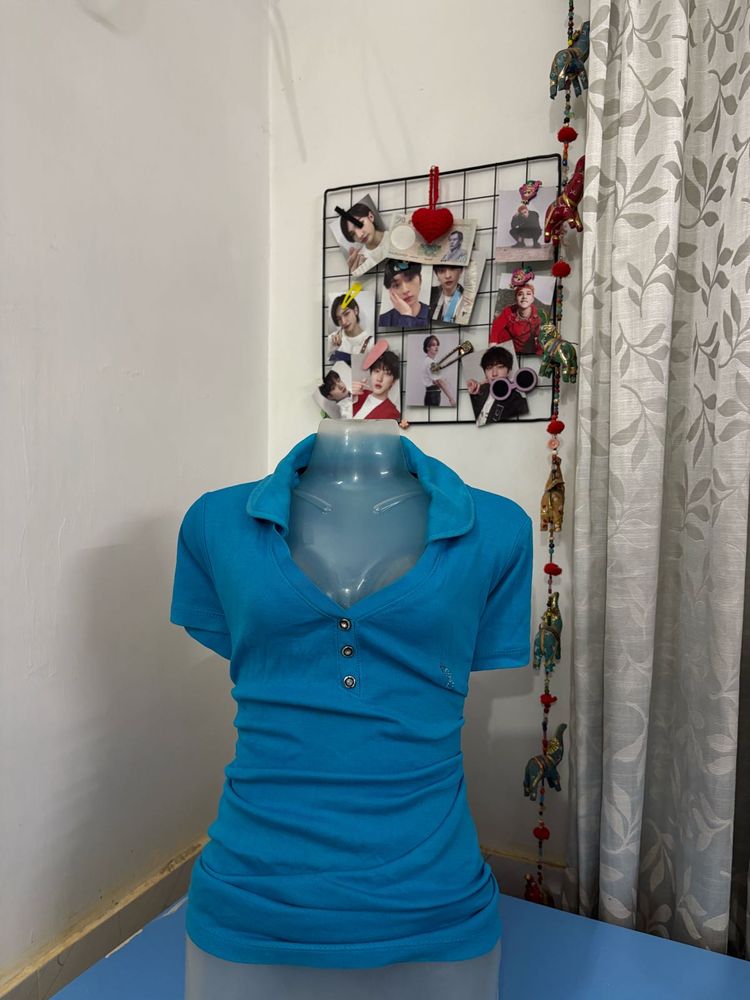 Y2k Blue Fitted Polo Top