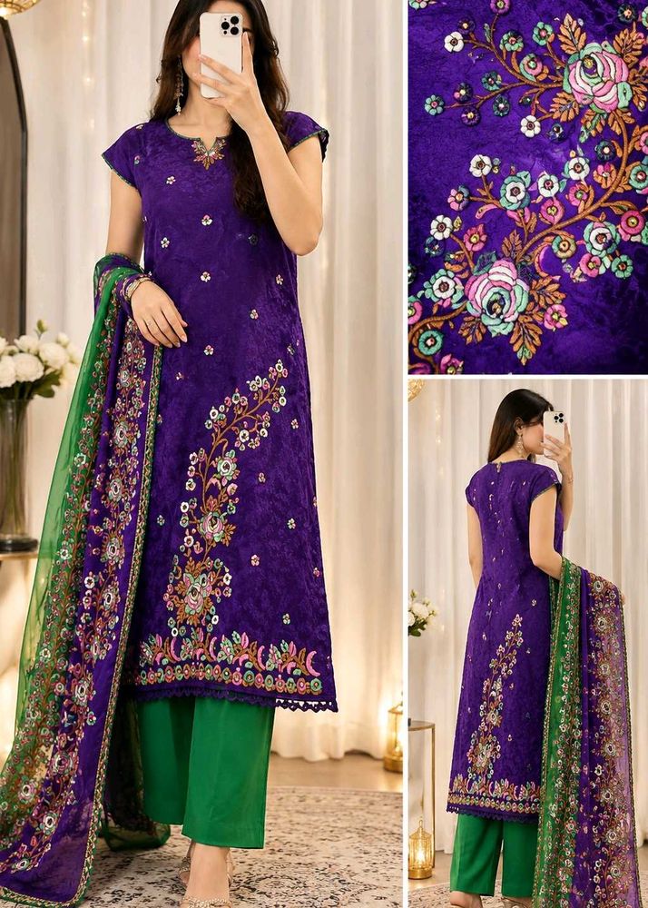 Beautiful Purple Embroidered Dress Material