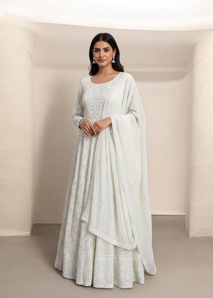 White Party Wear Anarkali Gown &amp; Dupatta