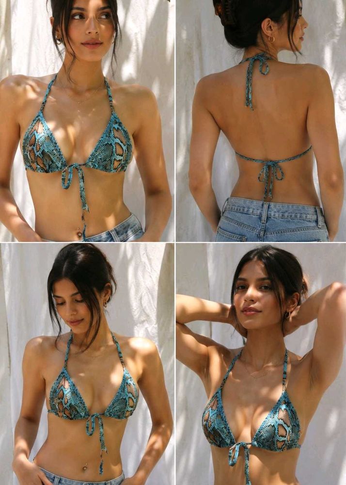 Stylish Teal Snake Print Bikini Top