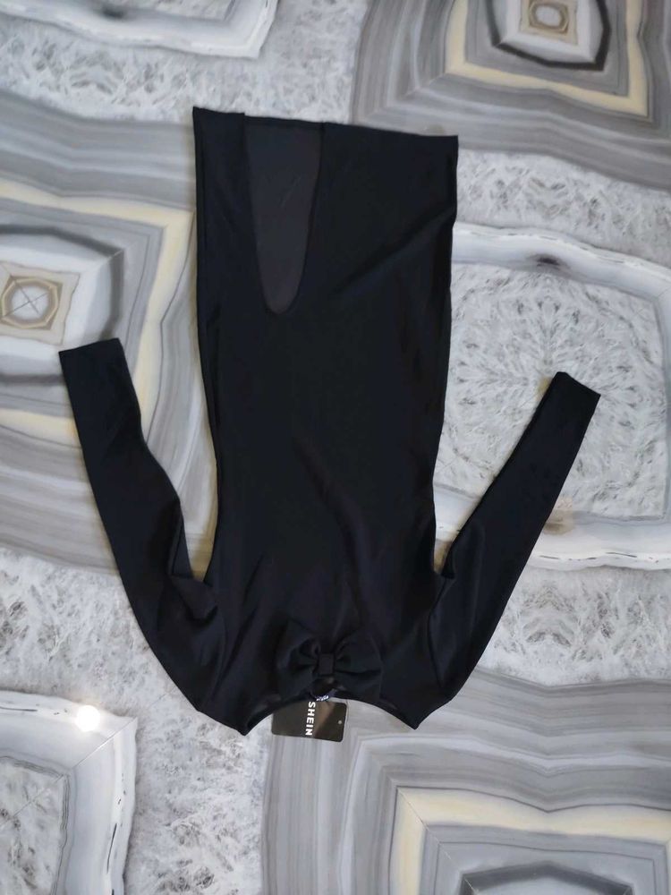 Elegant Black Long Sleeve Bow Detail Dress