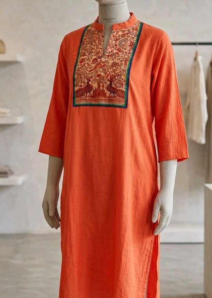 Vibrant Orange Kurta with Peacock Embroidery