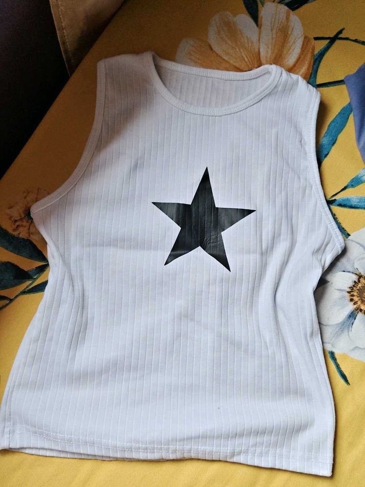 White Ribbed Tank Top with Black Star