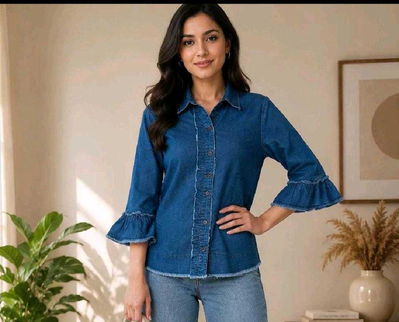 💫 Stylist Denim Ruffle Sleeve Shirt