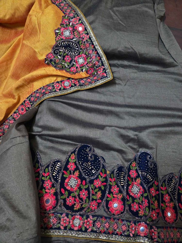 Embroidered yellow and charcoal Silk Saree