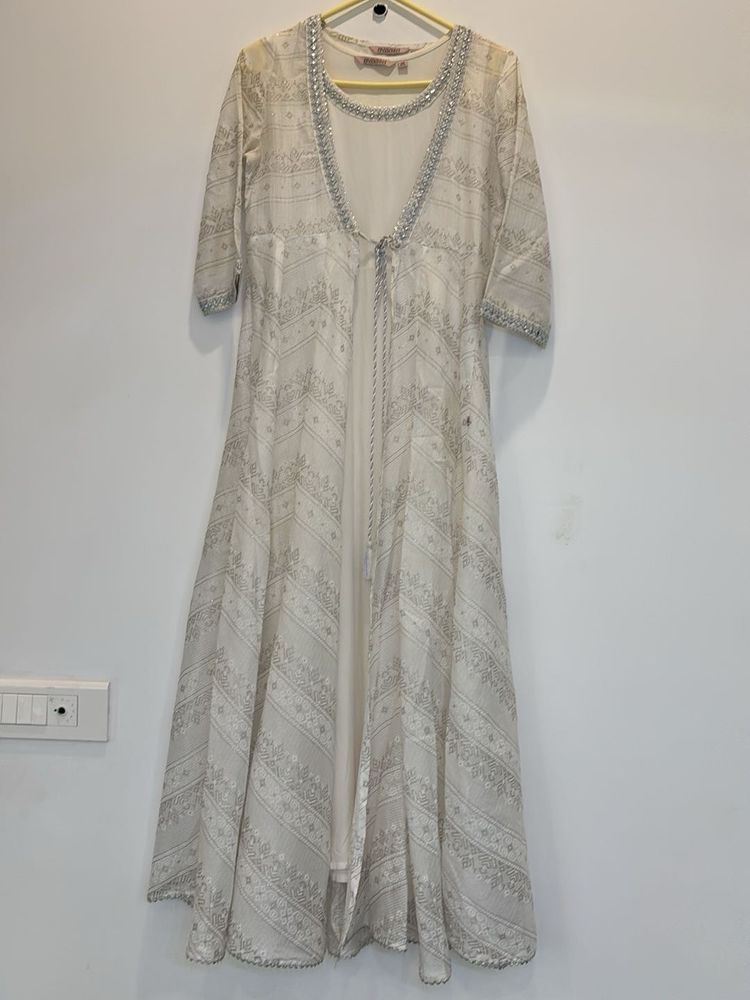 Elegant White Ethnic Gown with Silver Embellishmen