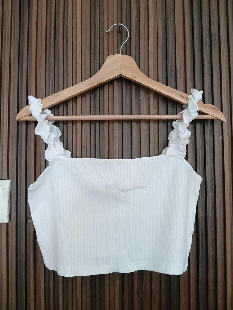 White Ruffle Strap Crop Top