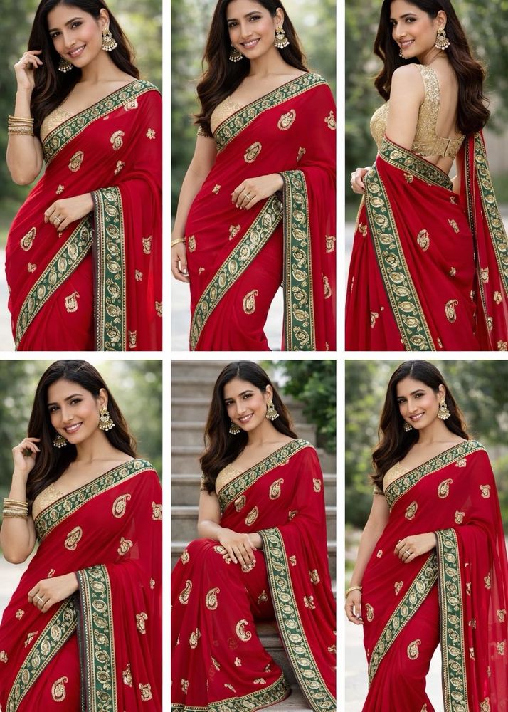 Elegant Red Saree with Paisley Embroidery