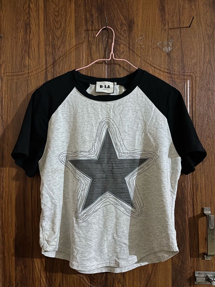Grey Star Print Raglan T-Shirt