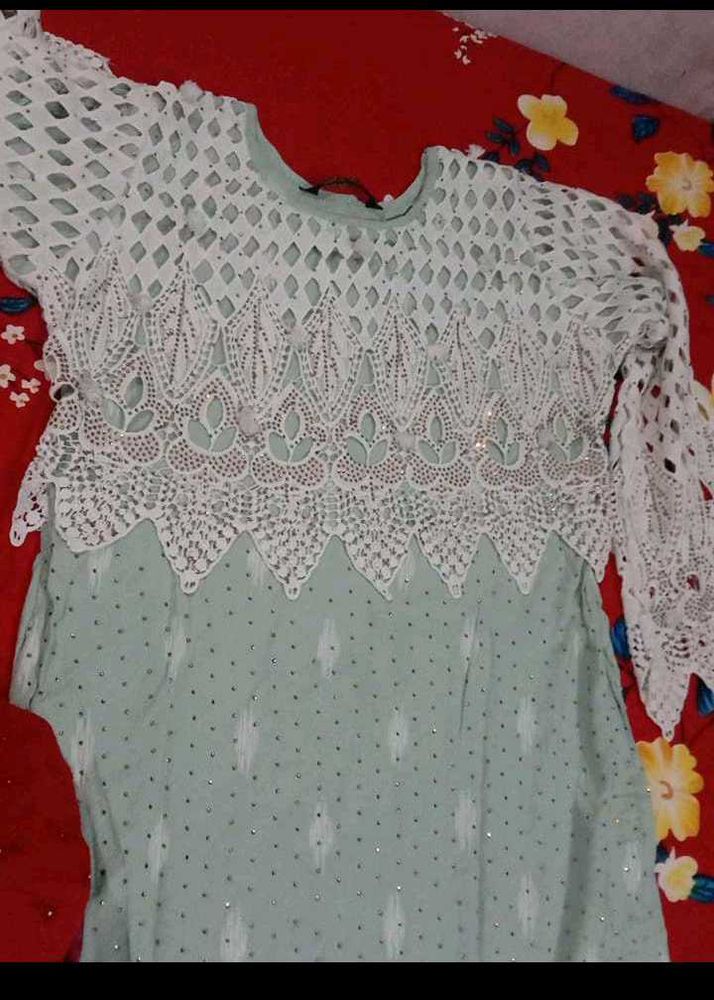 Elegant Mint Green Kurta Set with White Lace