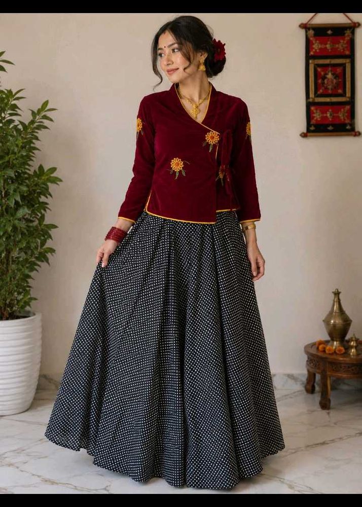 Elegant Red Velvet Embroidered Choli with Skirt
