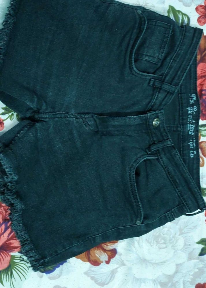 Black Denim Frayed Shorts