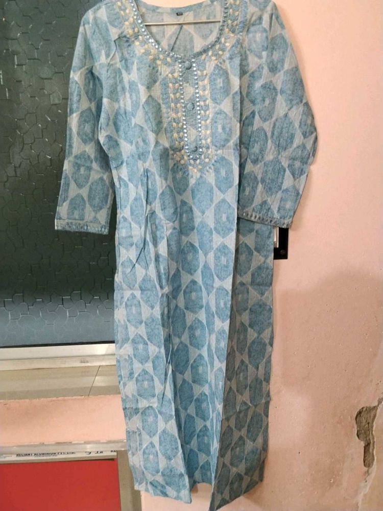 Light Blue Printed Cotton Kurta