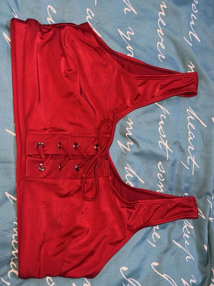 Stunning Red Lace-Up Bikini Top