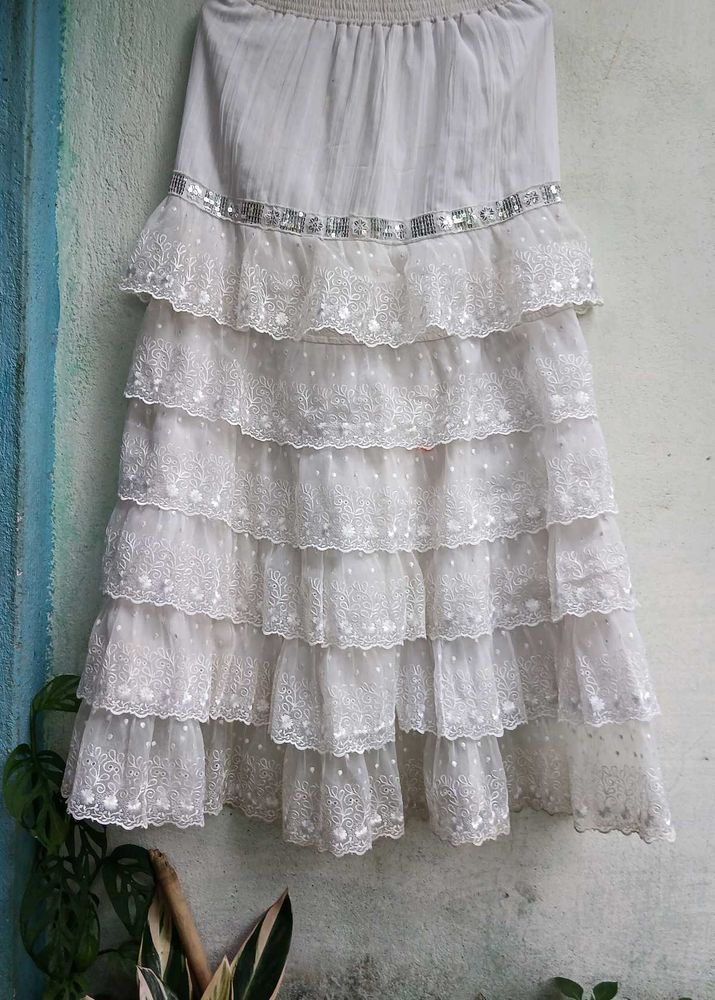 White Tiered Lace Embroidered Skirt