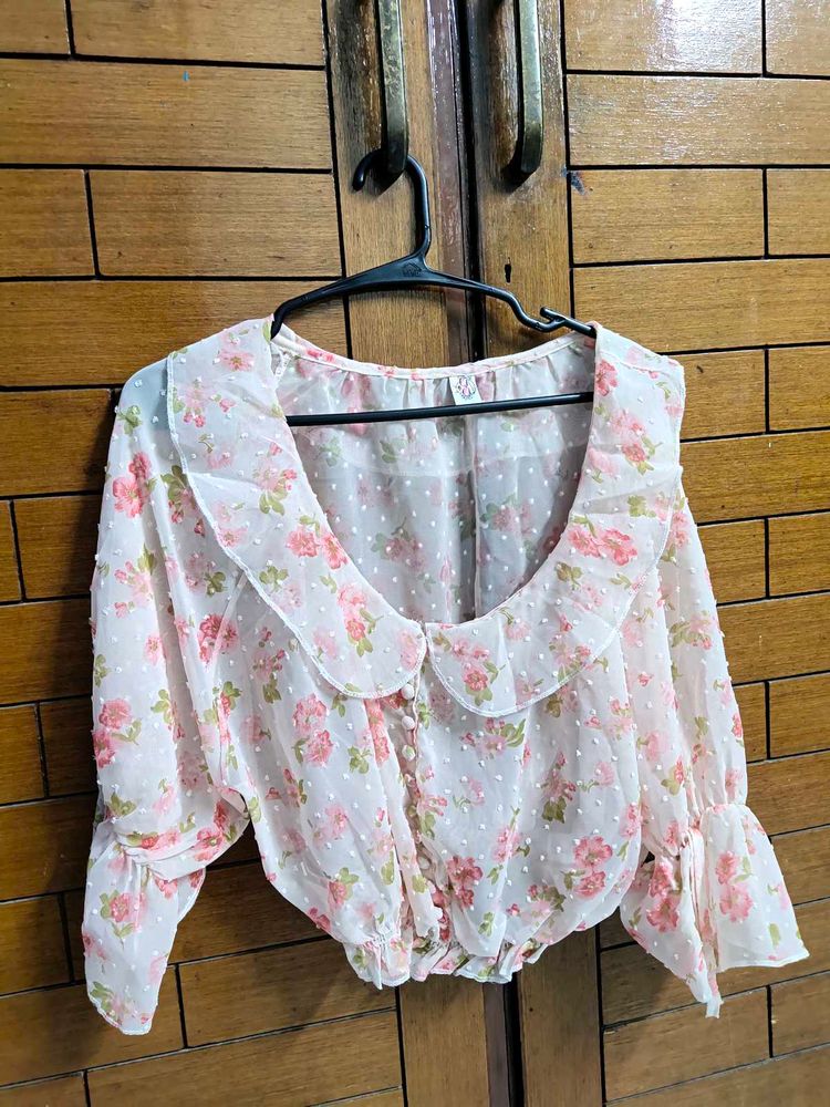 Sheer Floral Puff Sleeve Blouse