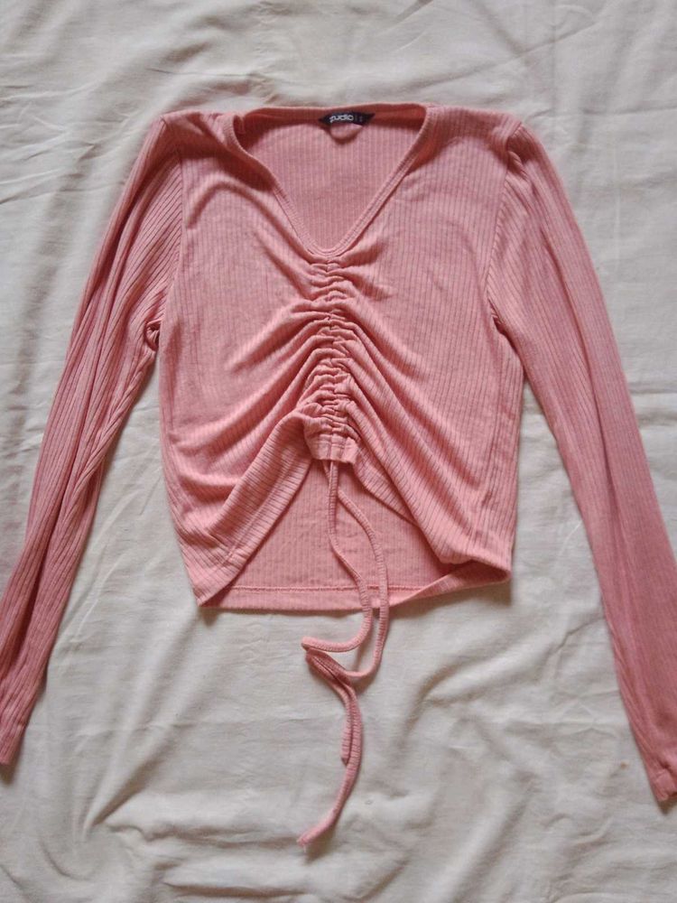 Pink Ruched V-Neck Long Sleeve Top