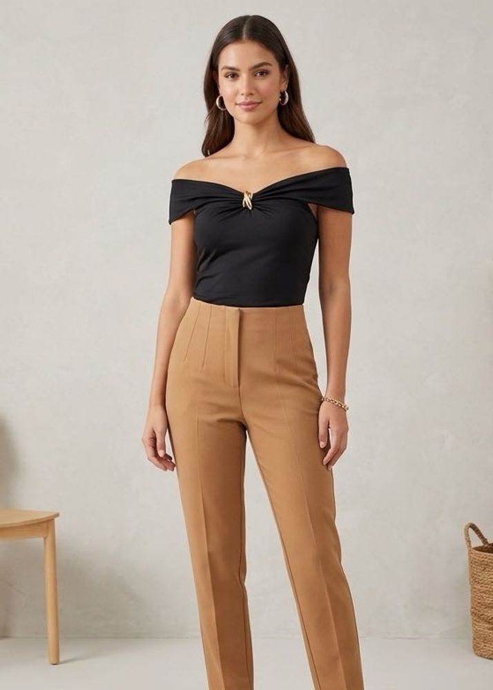 Stylish Black Off-Shoulder Top with Gold Detail