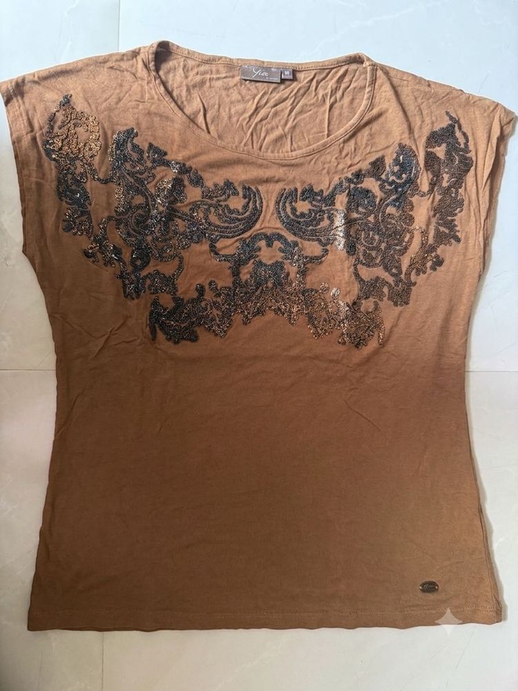 Brown Embellished T-Shirt
