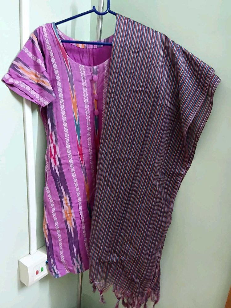 Purple Patterned Kurti With Pajama And Dupatta