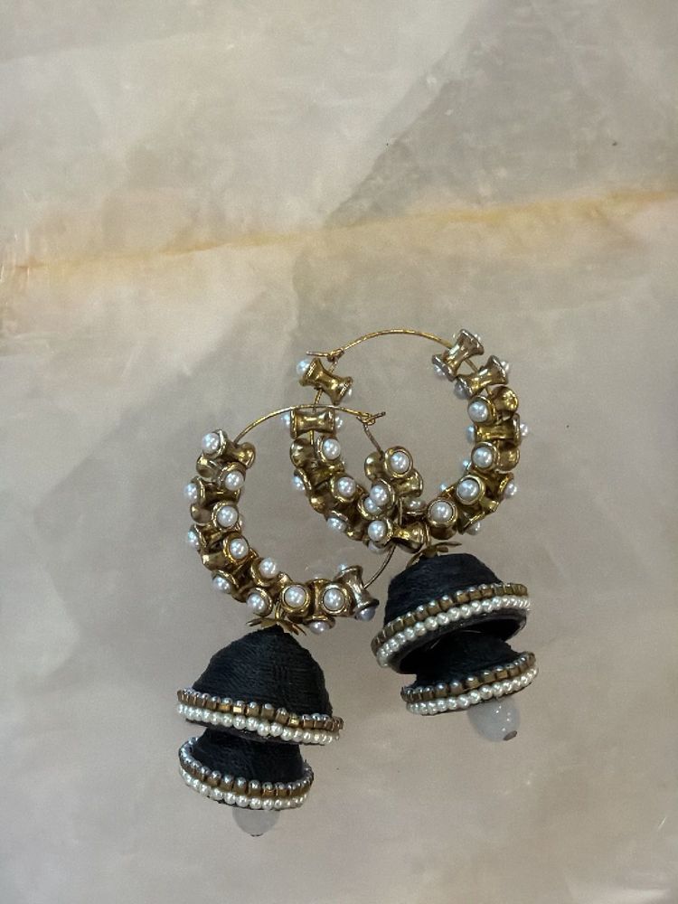 Black Jhumka Hoop Earrings with Pearls