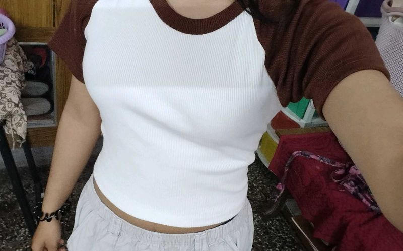 white Crop Top with brown Contrast Sleeves