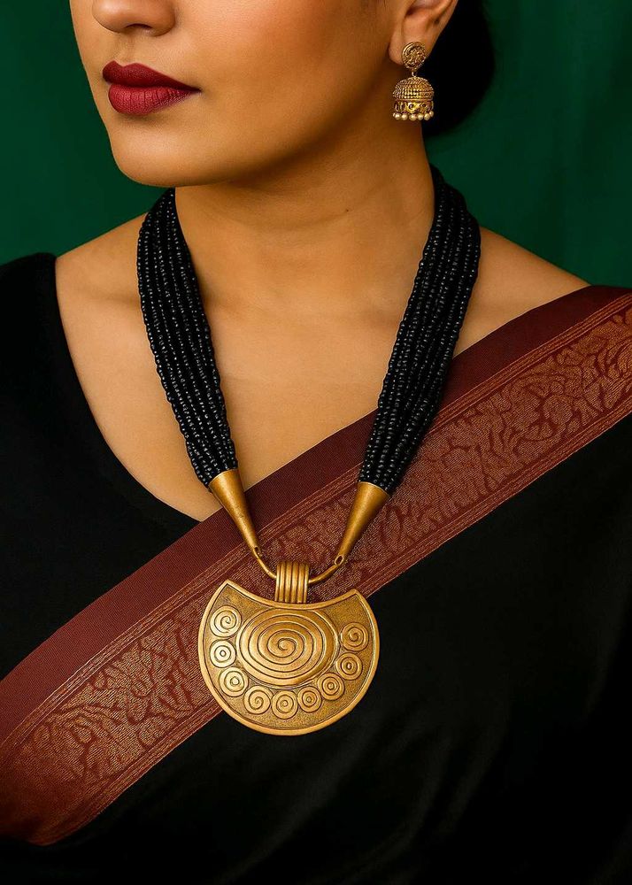 Black Beaded And Gold Brass Necklace.