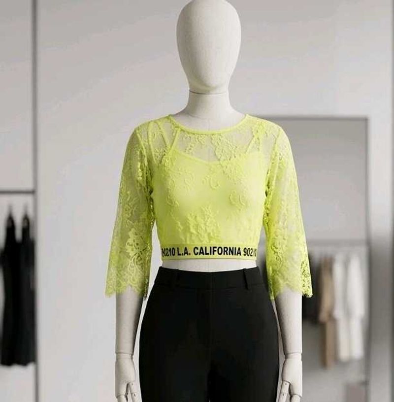 (1400)Neon Lace Crop Top with California Band