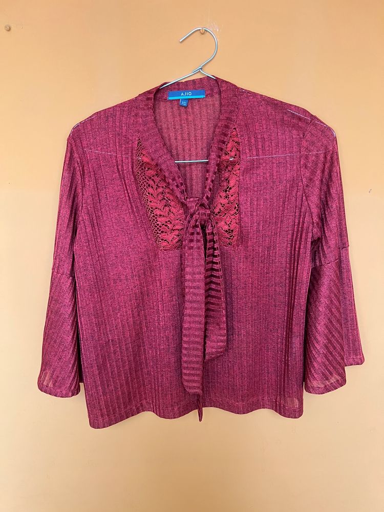 Maroon Ribbed Bell Sleeves Top