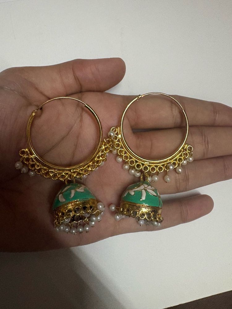 Green Jhumka Hoop Earrings