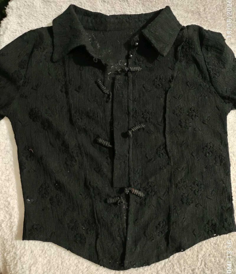 Black Embroidered Mandarin Collar Blouse