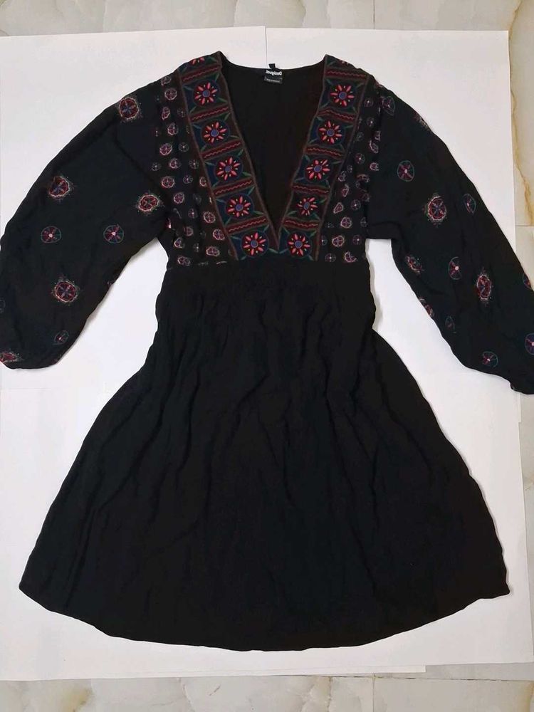 Boho Embroidered Black Mini Dress