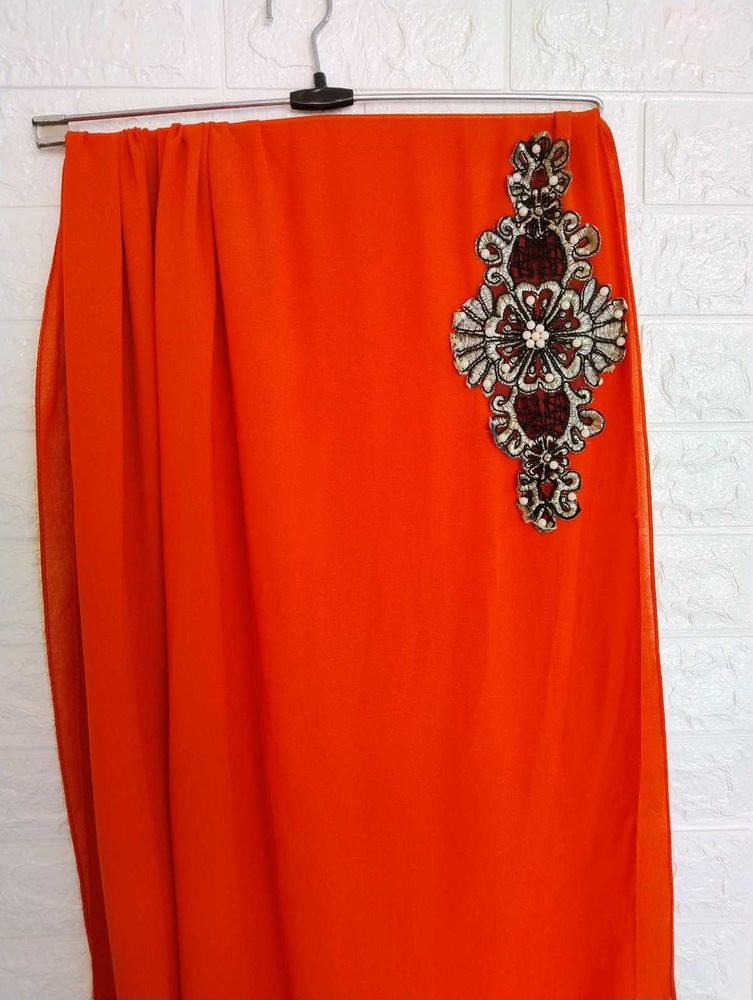 Burnt Orange Color Scarf With Embroidery Patch