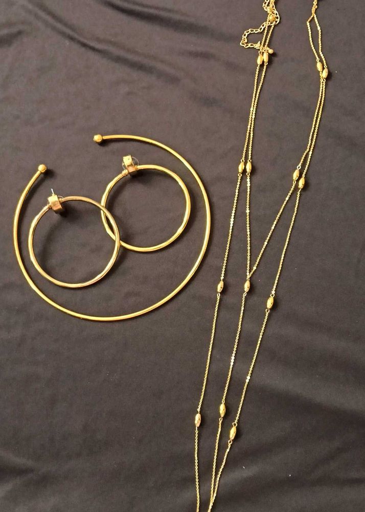 Gold Tone Hoop Earrings &amp; Layered Necklace Set