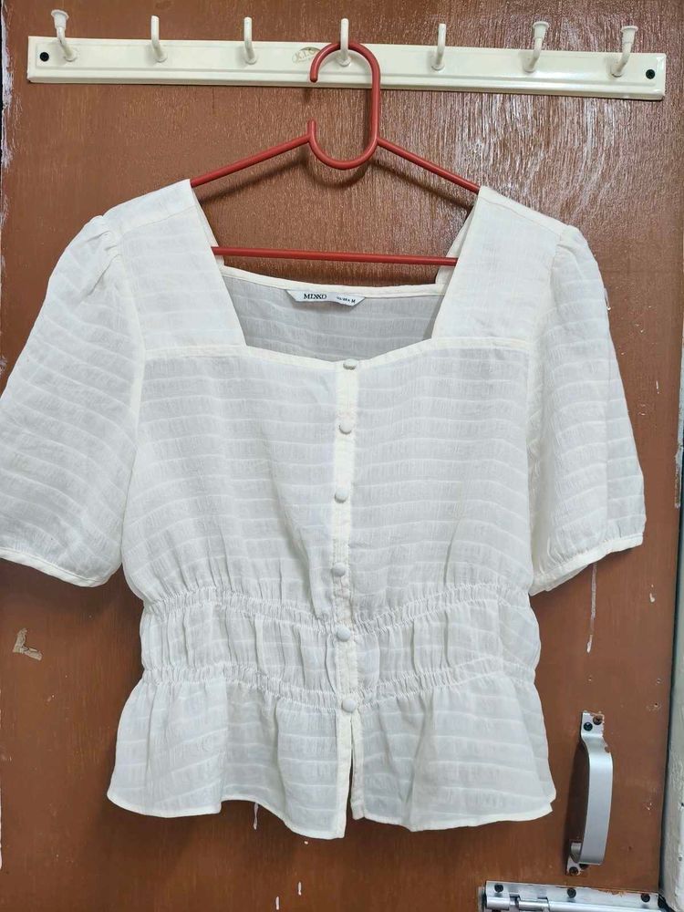 White Square Neck Smocked Top