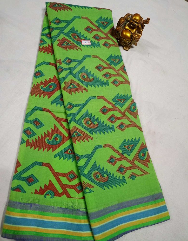 Simple Green Cotton Printed Saree