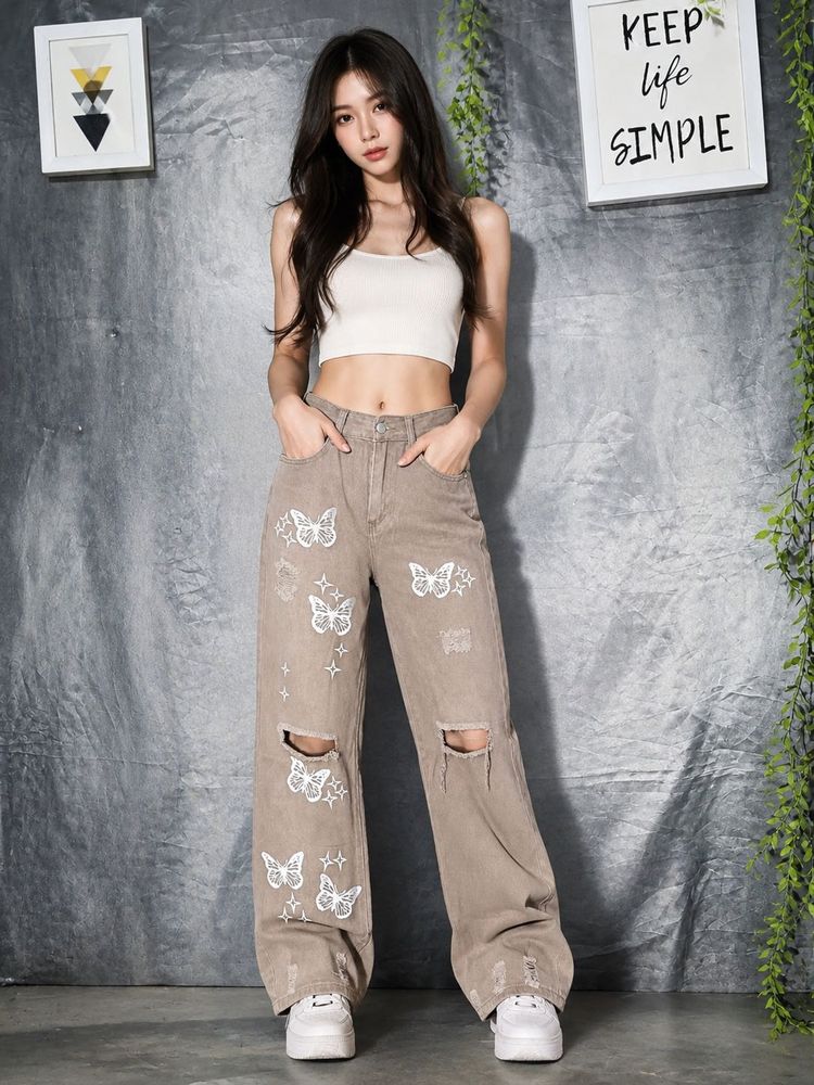 SHEIN Butterfly Distressed Wide Leg Jeans