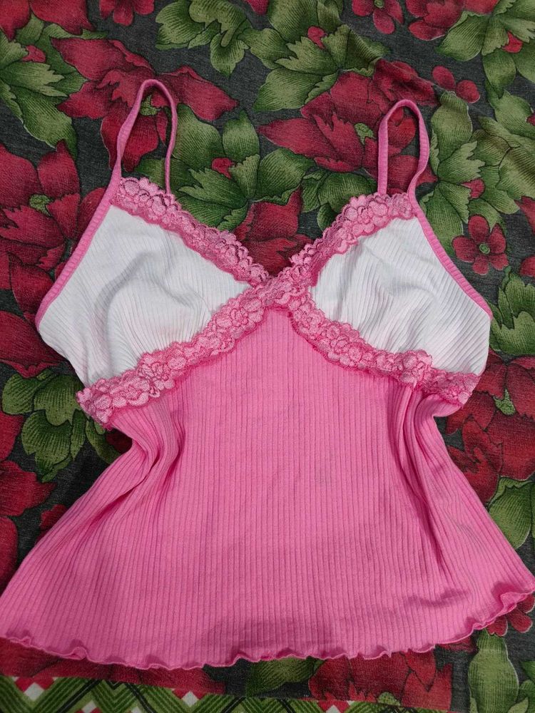 Cute Pink Ribbed Lace Trim Cami Top