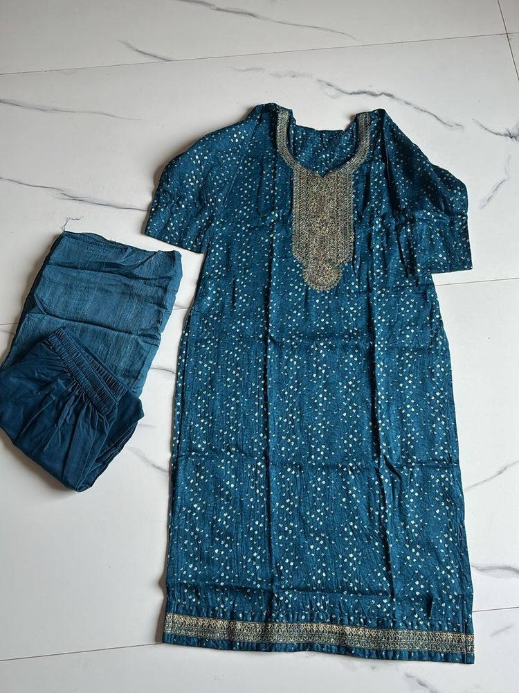Teal Kurta Set with White Print