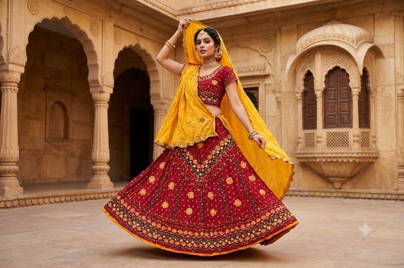 Stunning Red &amp; Yellow Lehenga Choli