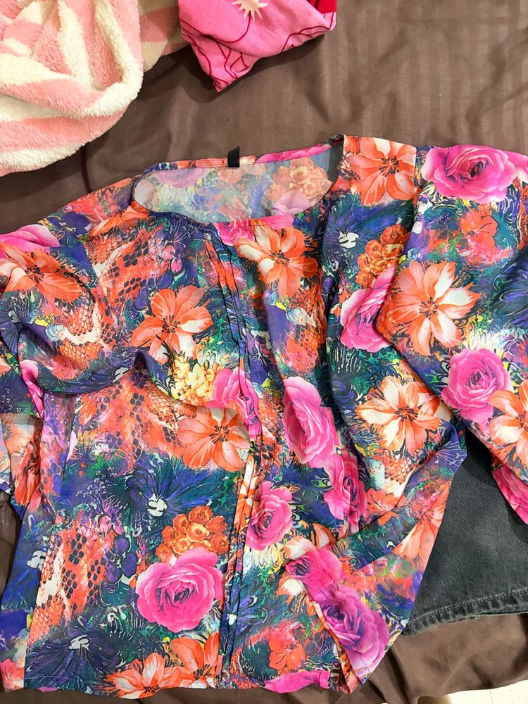 Vibrant Floral Print Sheer Top