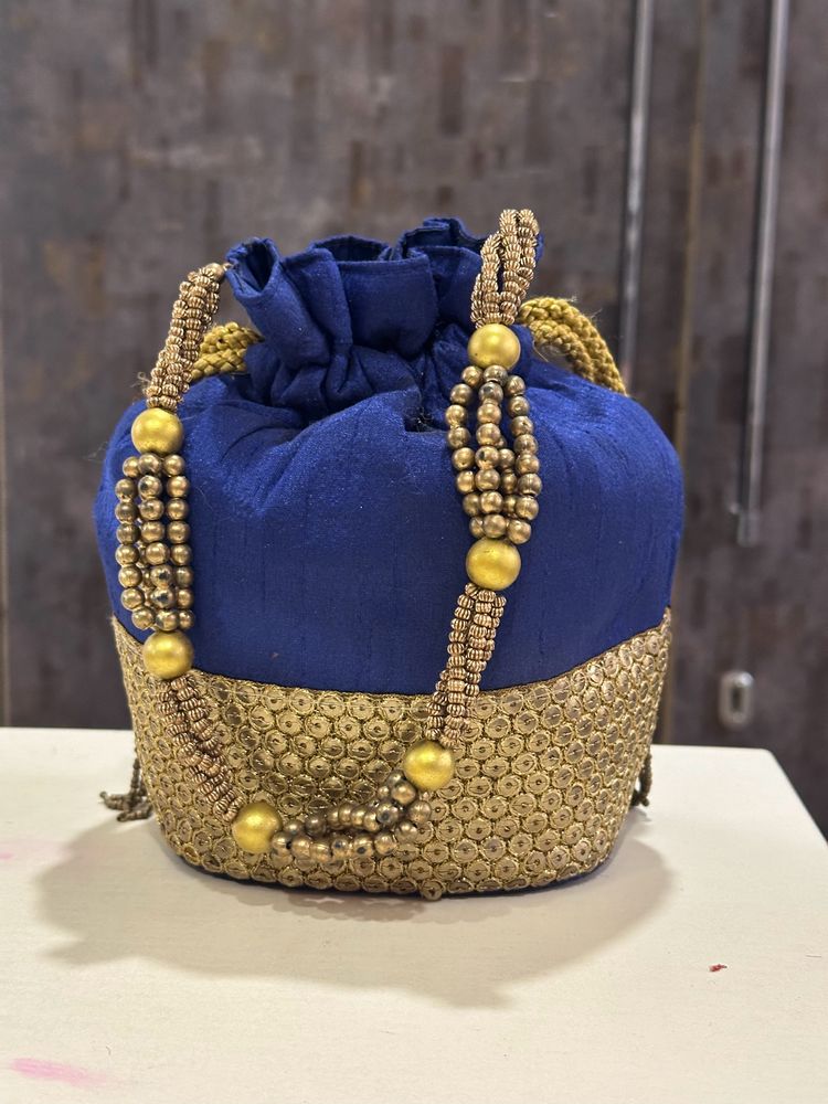 Designer Embellished Potli Bag – Royal Blue &amp; Gold