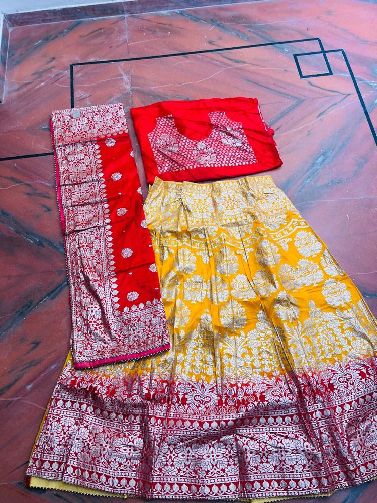 Vibrant Yellow &amp; Red Lehenga Choli Set