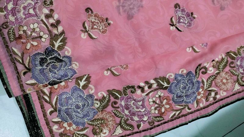 Pink Floral Embroidered Saree With Blouse