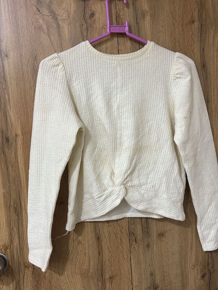 Cream Ribbed Twist Front Top