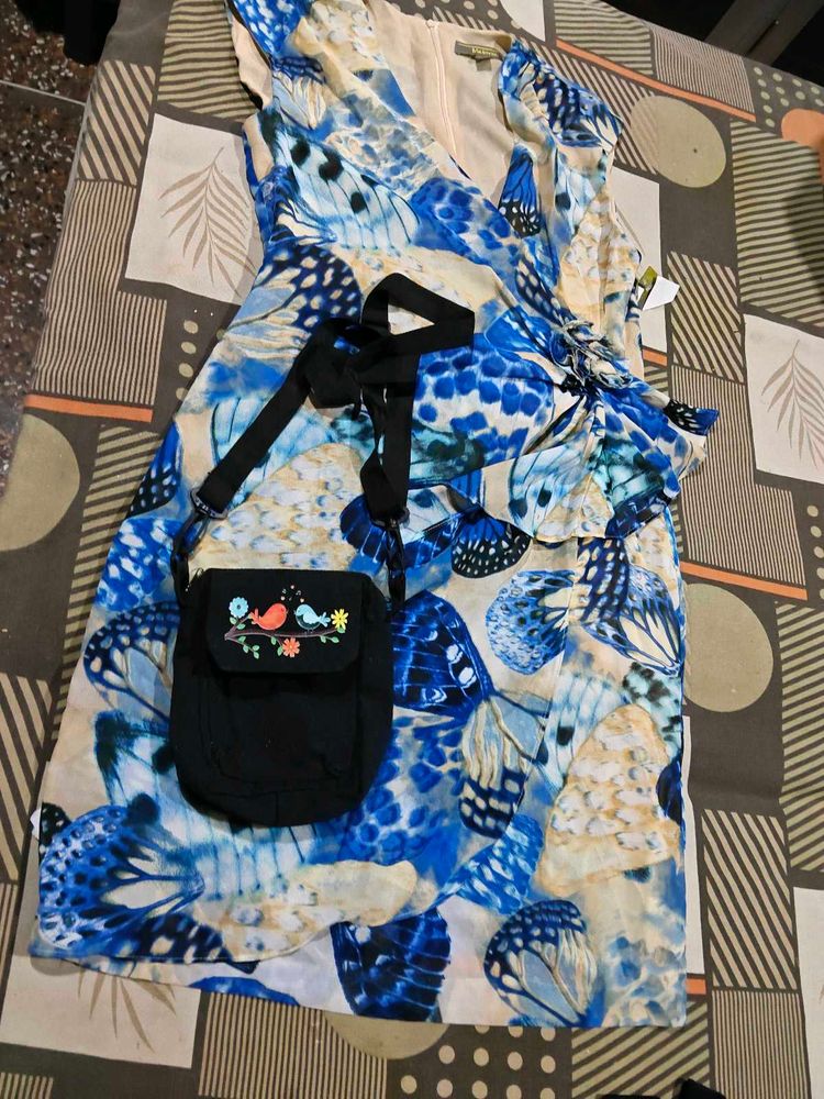 Blue Butterfly Print V-Neck Dress and bag free