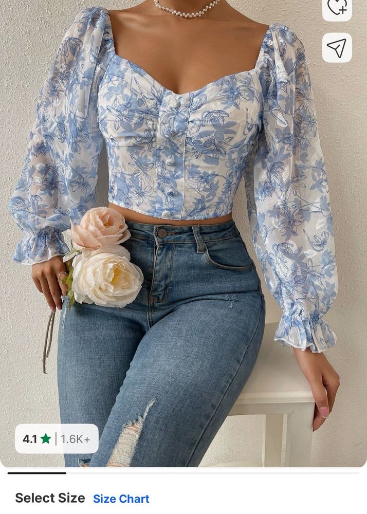 Casual Bishop sleeves Floral print women blue top
