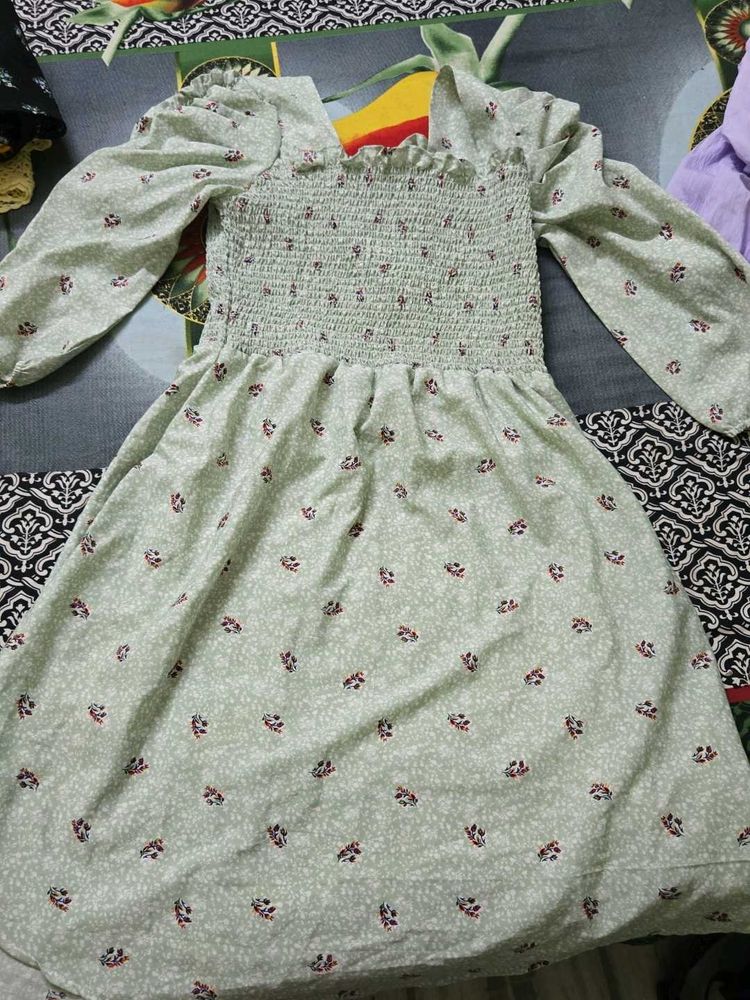 Light Green Smocked Floral Dress
