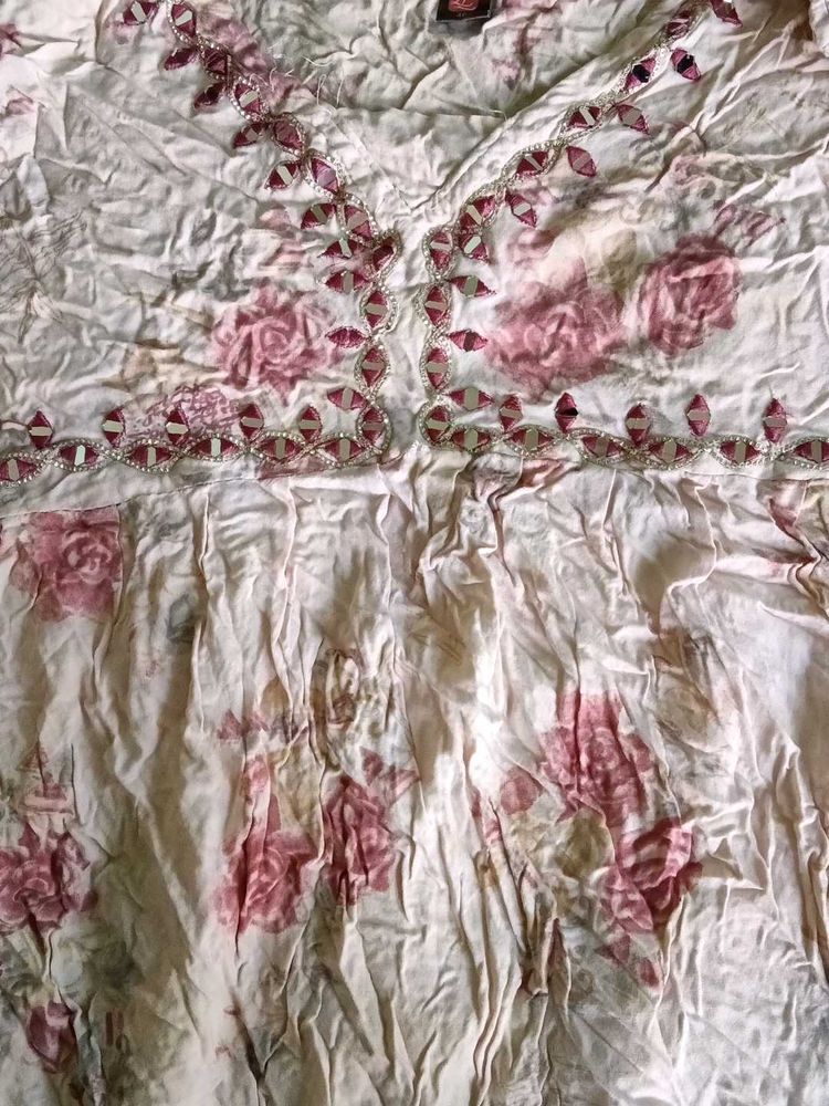 Beige Floral Kurta with Embellishment