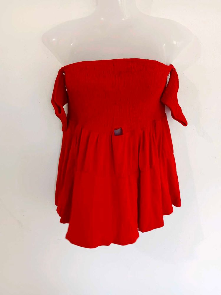 Red Smocked Bandeau Top